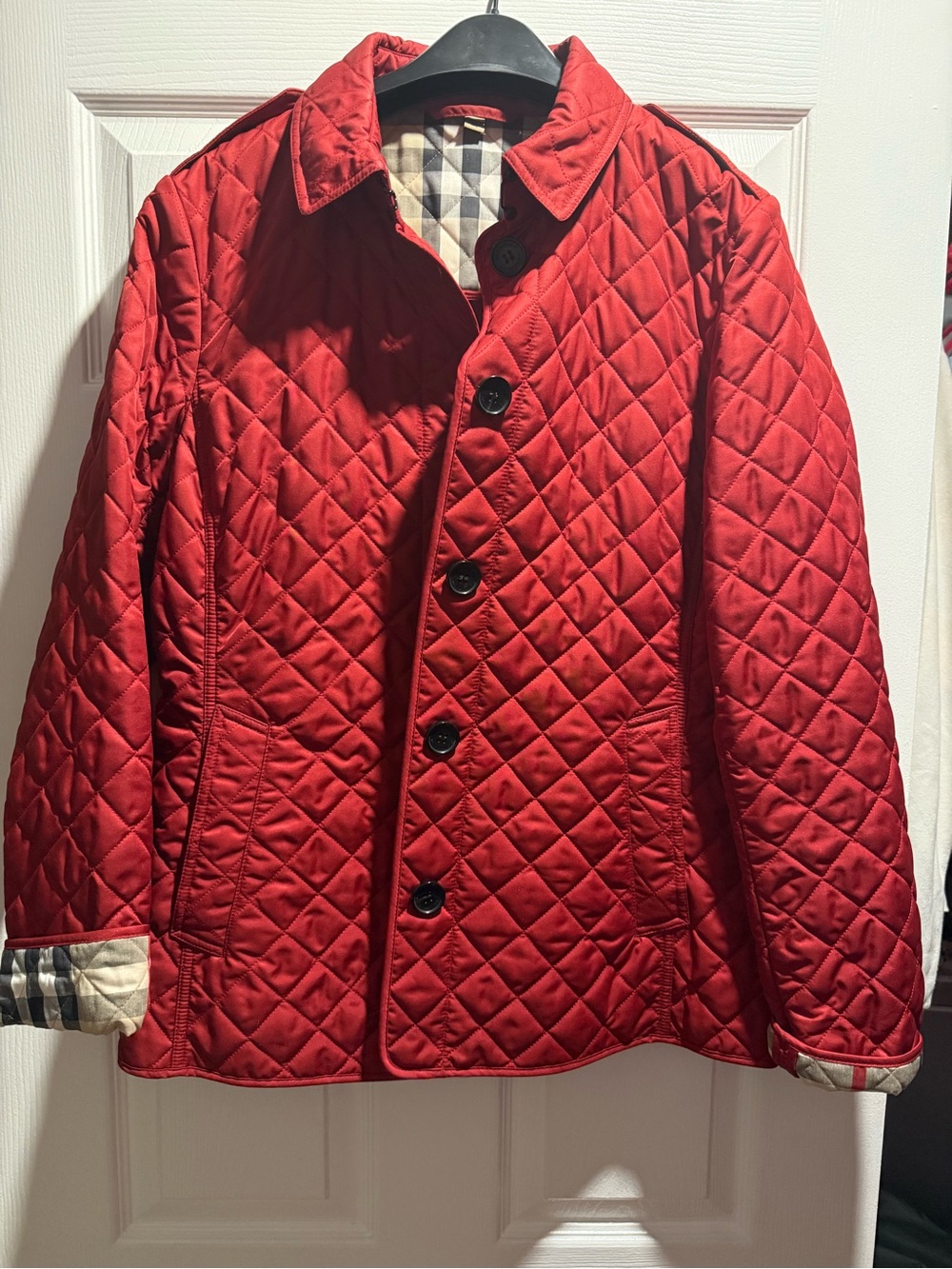 Burberry Red Quilted Diamond Puffer Coat with Check Trim
